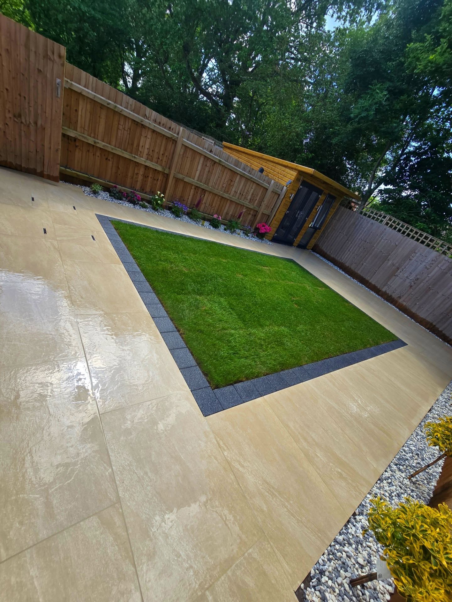Completed paving and lawn seen from another angle
